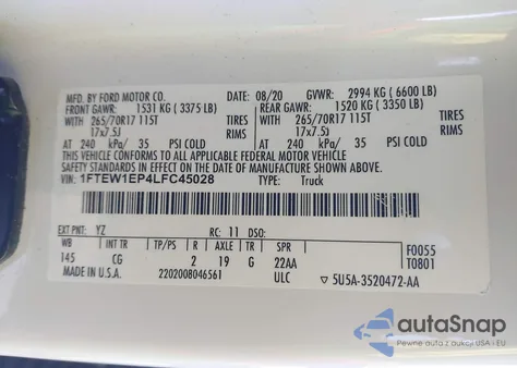 2020 Ford F-150 Xl z USA, uszkodzony, nr VIN 1FTEW1EP4LFC45028